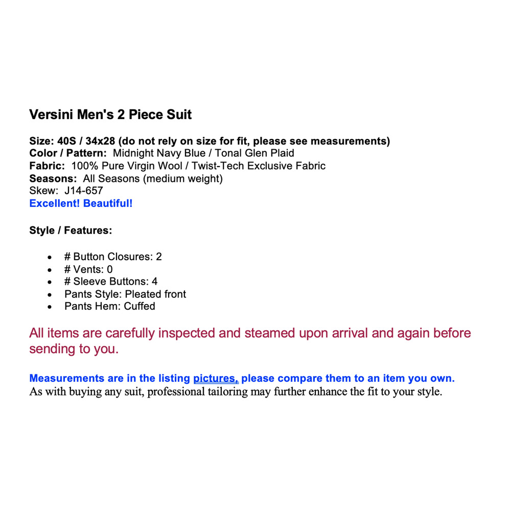 Versini Mens 40S 34x28 Midnight Navy Blue Tonal Glen Plaid Suit Twist Tech - Picture 3 of 16